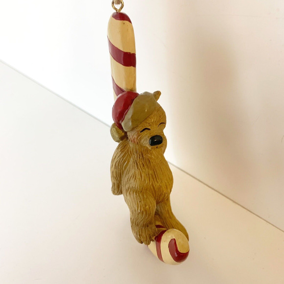 Vintage Ornament Bear Santa Hat Sitting On Candy Cane Folk Art 2001 Signed BP - Picture 2 of 9